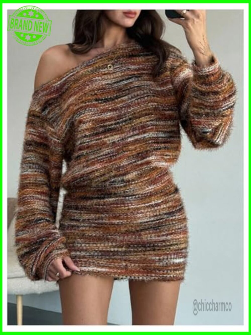 Womens Fuzzy Marled Knit Sweater Dress Asymmetrical Neck Long Sleeve Mini - Picture 3 of 5